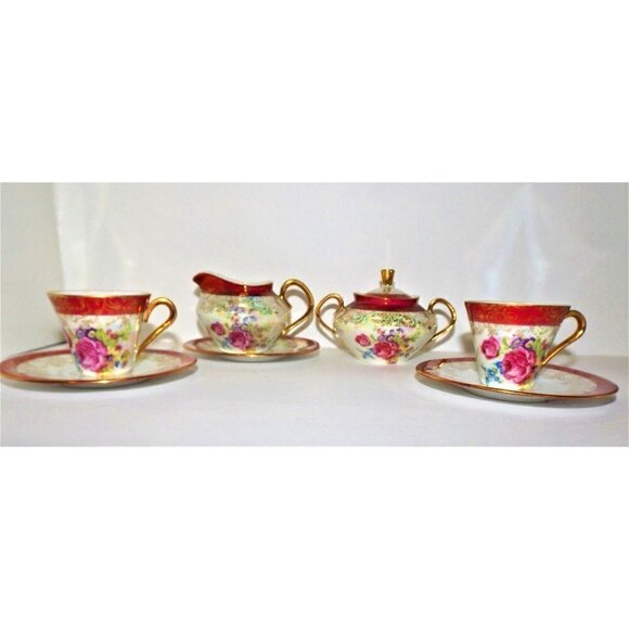 Porzellanmalerei Parbus Demitasse Set for Two - 8 Pieces Gold Trim Floral 1914 - Picture 1 of 11